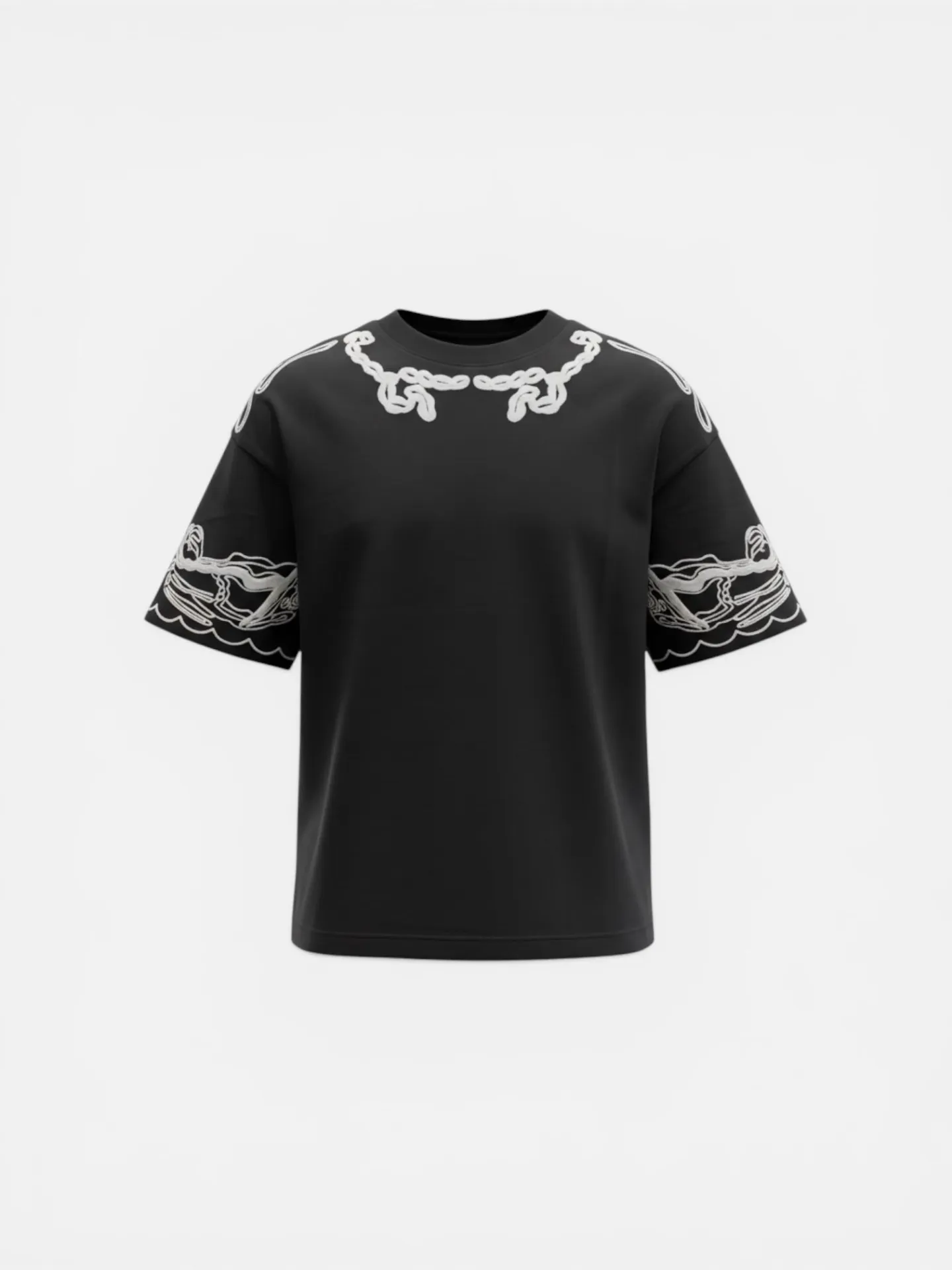 T-shirt Nera con Ricami Bianchi